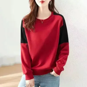 2023 Spring and Autumn Sports Casual Loose Round Neck Simple Sleeve Panel Contrast Comfortable Solid Oversize Women's Sweater