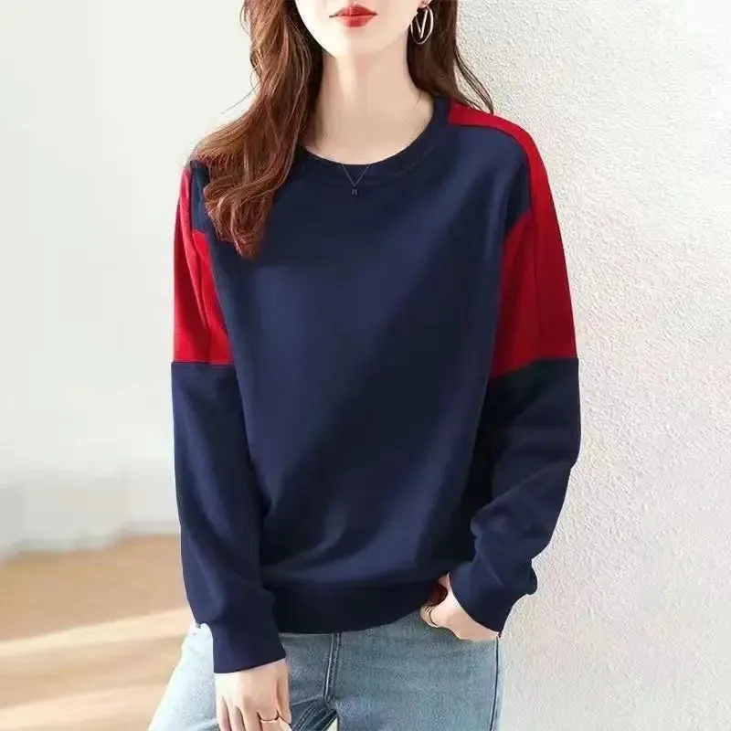 2023 Spring and Autumn Sports Casual Loose Round Neck Simple Sleeve Panel Contrast Comfortable Solid Oversize Women's Sweater