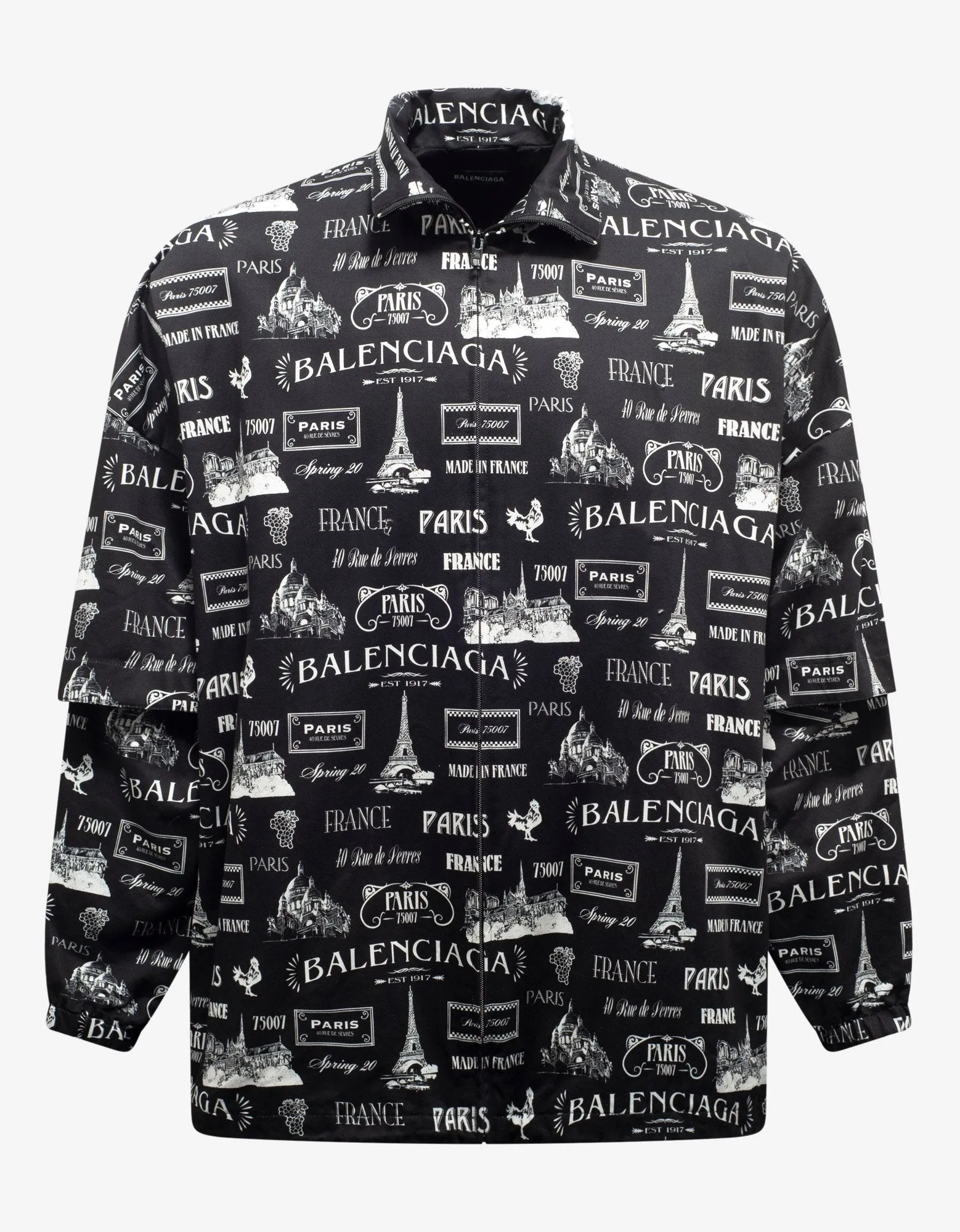 Black Double Sleeve Paris Resto Print Windbreaker