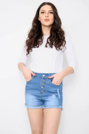 Blue Buttons Distressed High Waisted Denim Shorts