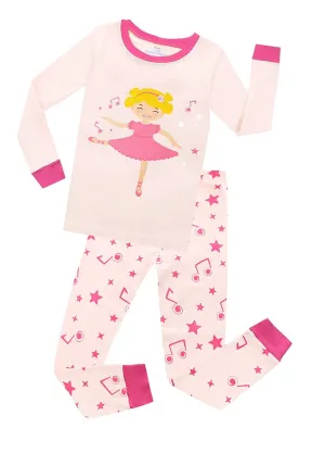 Elowel Girls Dancing Ballerina 2 Piece long sleeve Pajama Set 100% Cotton (Size 12 Months -12 Years)