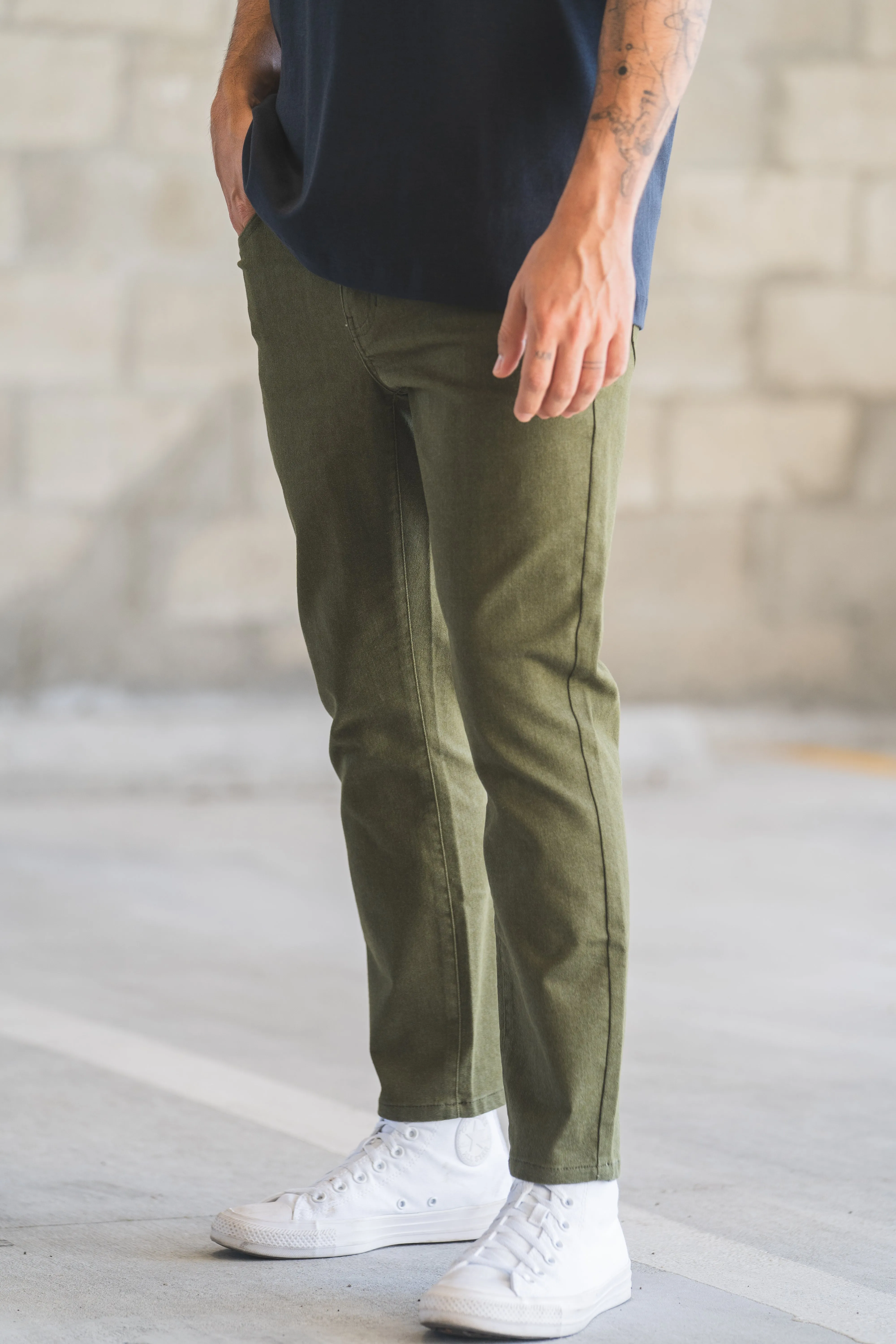 Garment Dyed Stretch Jeans Olive