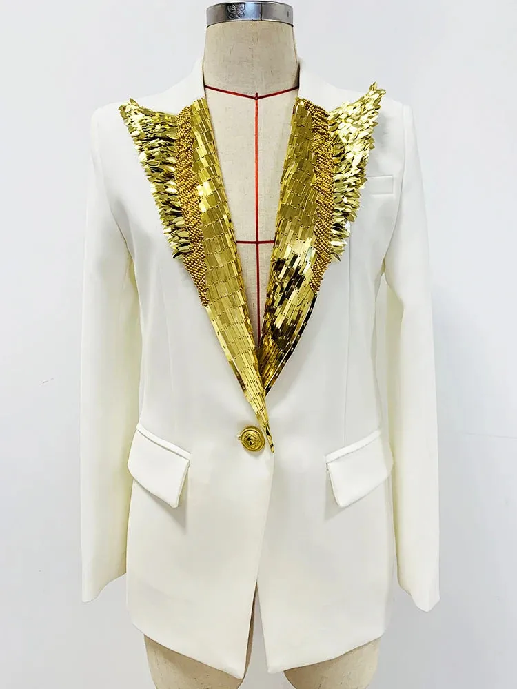 Pre Order:  Metallic Feather Beaded Lapel Blazer