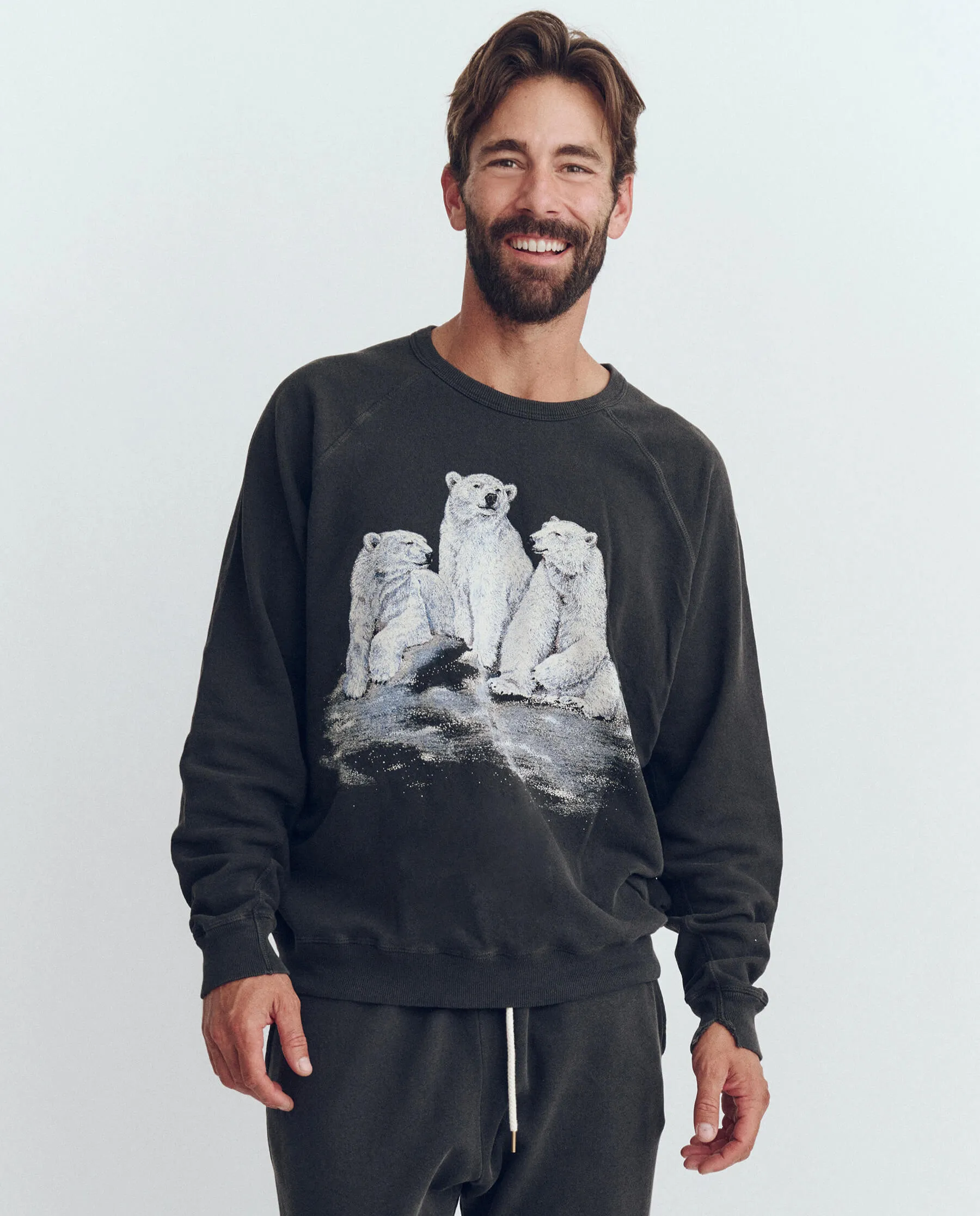 The Men's College Sweatshirt. Graphic -- Washed Black with Polar Bear Graphic