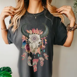 Trendy Western Watercolor Bull Skull Summer Comfort Colors® Unisex T-shirt, Pretty Spring or Summer Colors, Western Feather Dreamcatcher