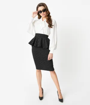 Unique Vintage 1940s Black & White Pin Dots Peplum Boulevard Pencil Skirt