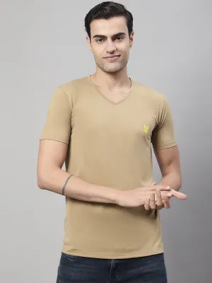 Vimal Jonney V Neck Cotton Solid Mud T-Shirt for Men