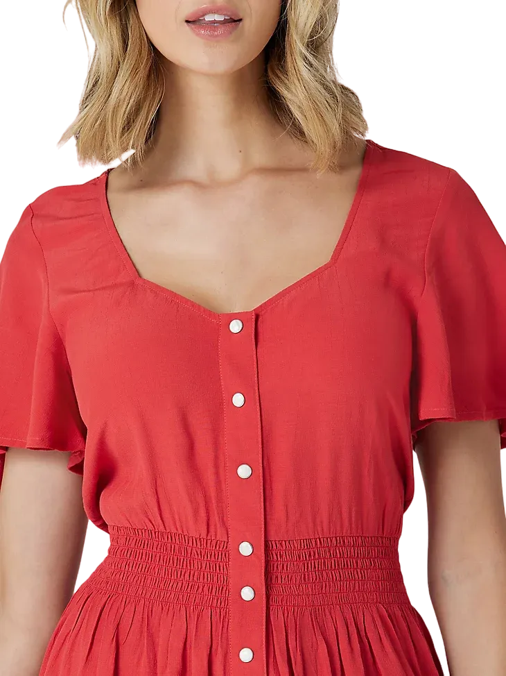 Wrangler Women's Retro Flutter Hem Snap Front Dress In Red